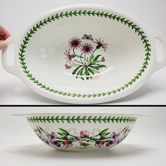 Portmeirion Botanic Garden Oval Serving Bowl 15" Handled Pink Purple Wildflowers